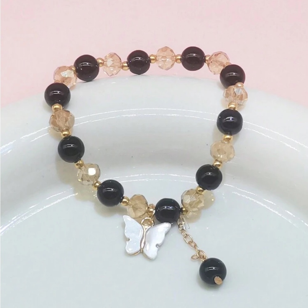 NWT Butterfly Charm Black Beaded Bracelet